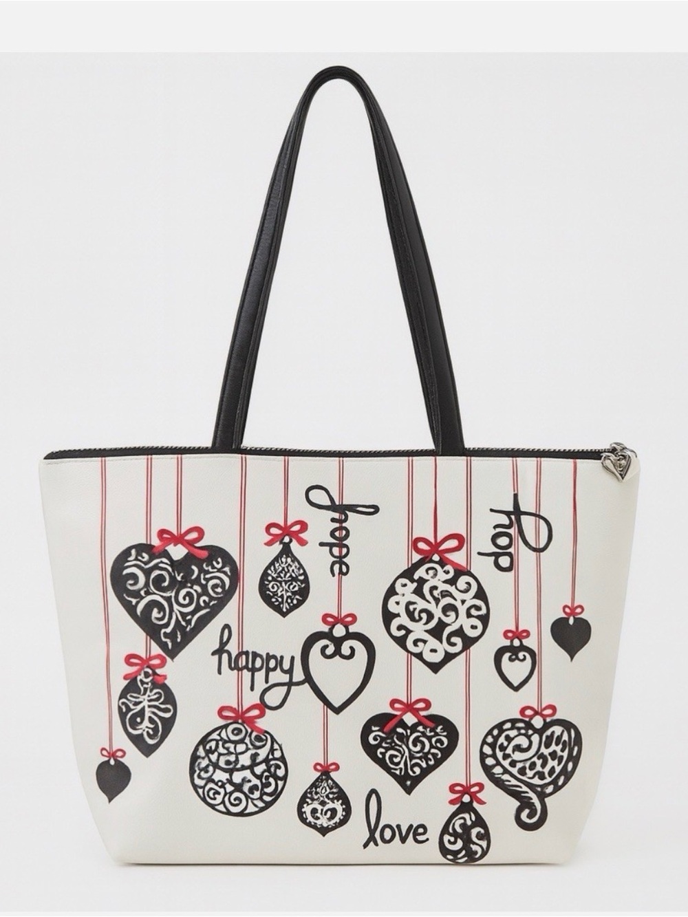 Brighton White and Black Heart & Ornament Motifs and Red Ribbon Accents tote bag